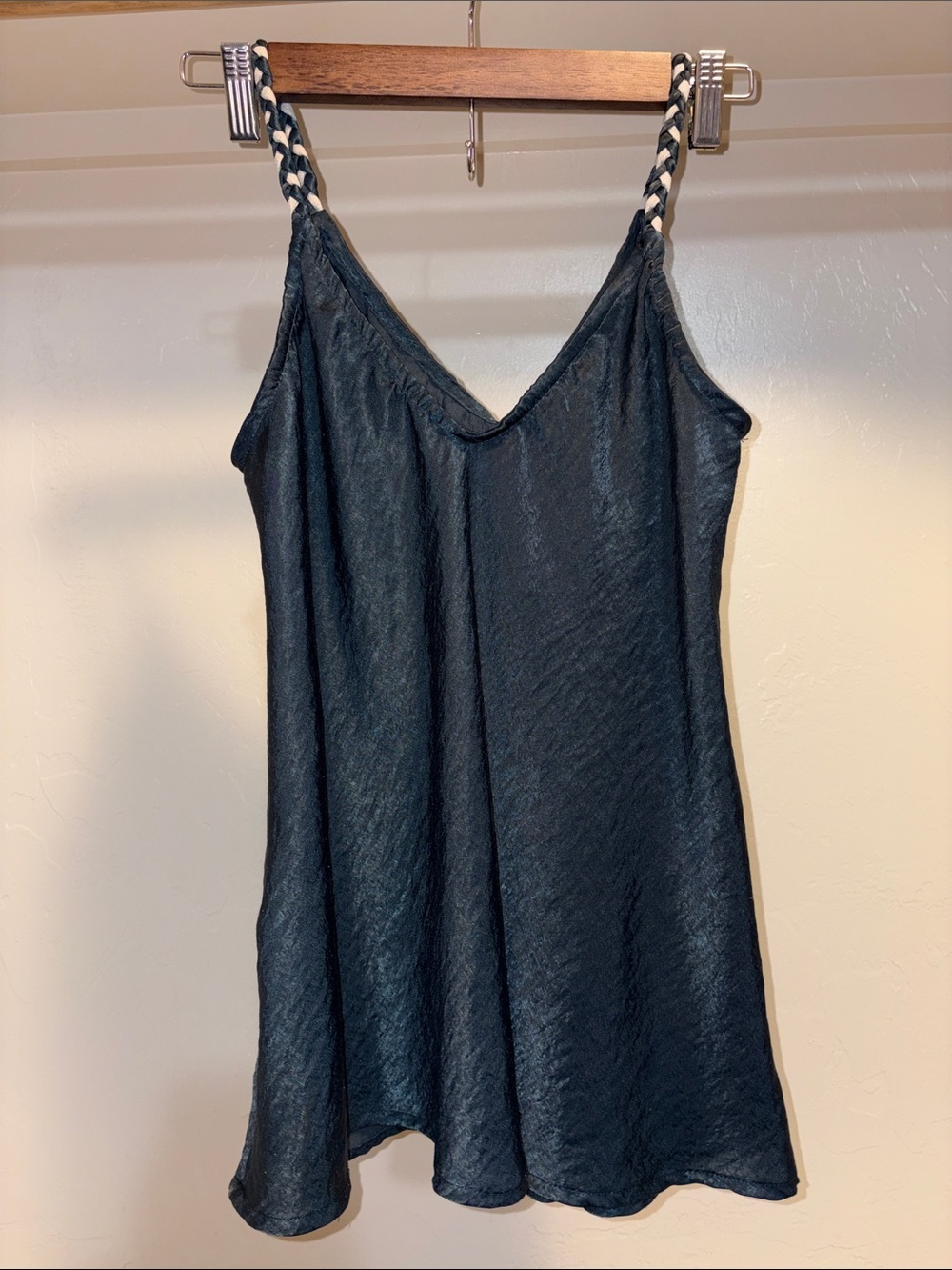 Satin V-Neck Tank with Braided Shoulder Straps - Black